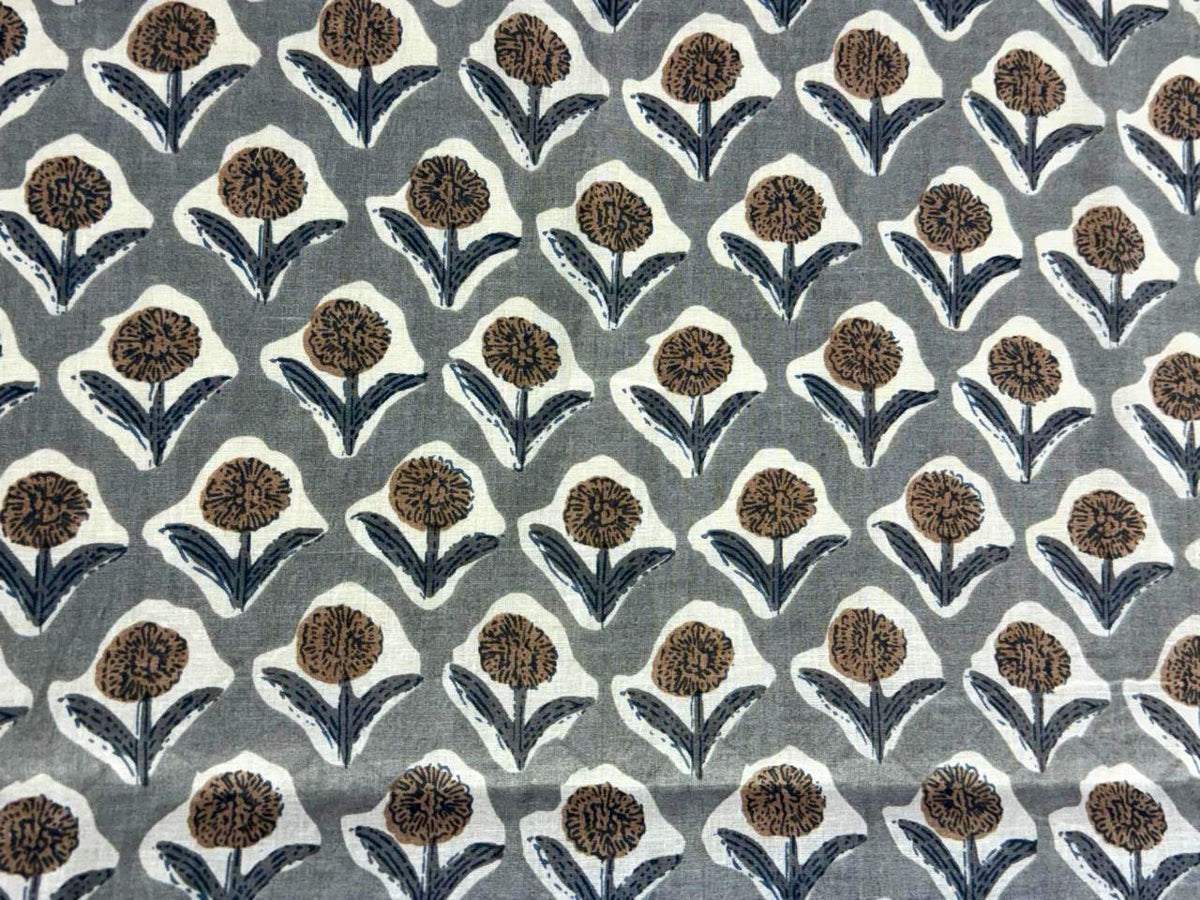 Hand Block Print Cotton Fabric: Grey and White Floral Indian Fabric