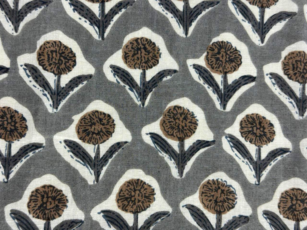 Hand Block Print Cotton Fabric: Grey and White Floral Indian Fabric