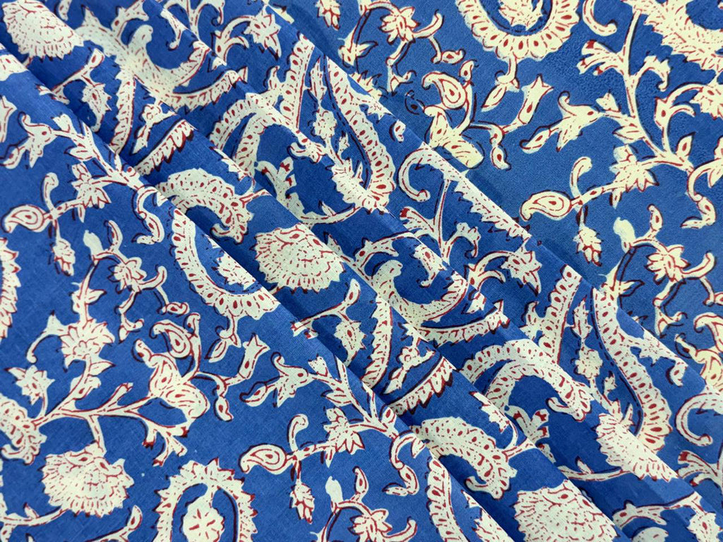Hand Block Print Cotton Fabric: Blue and White Floral Indian Fabric