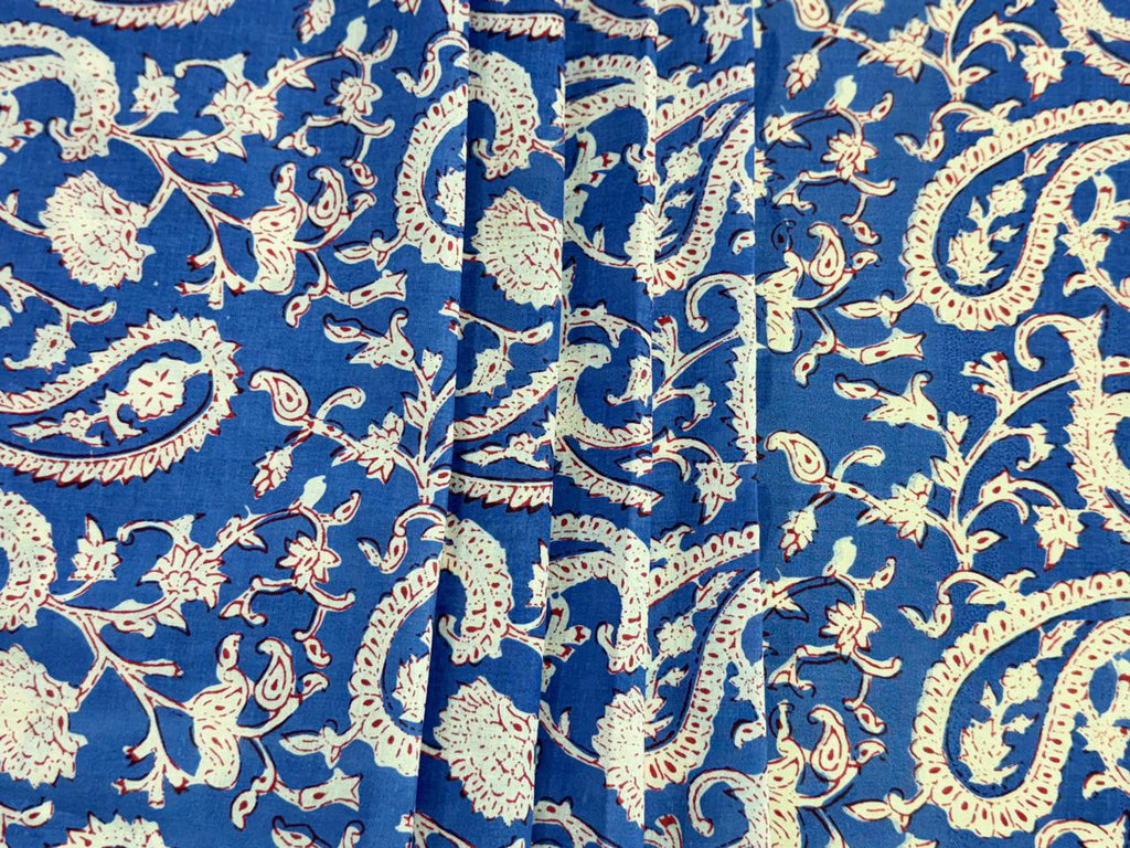 Hand Block Print Cotton Fabric: Blue and White Floral Indian Fabric