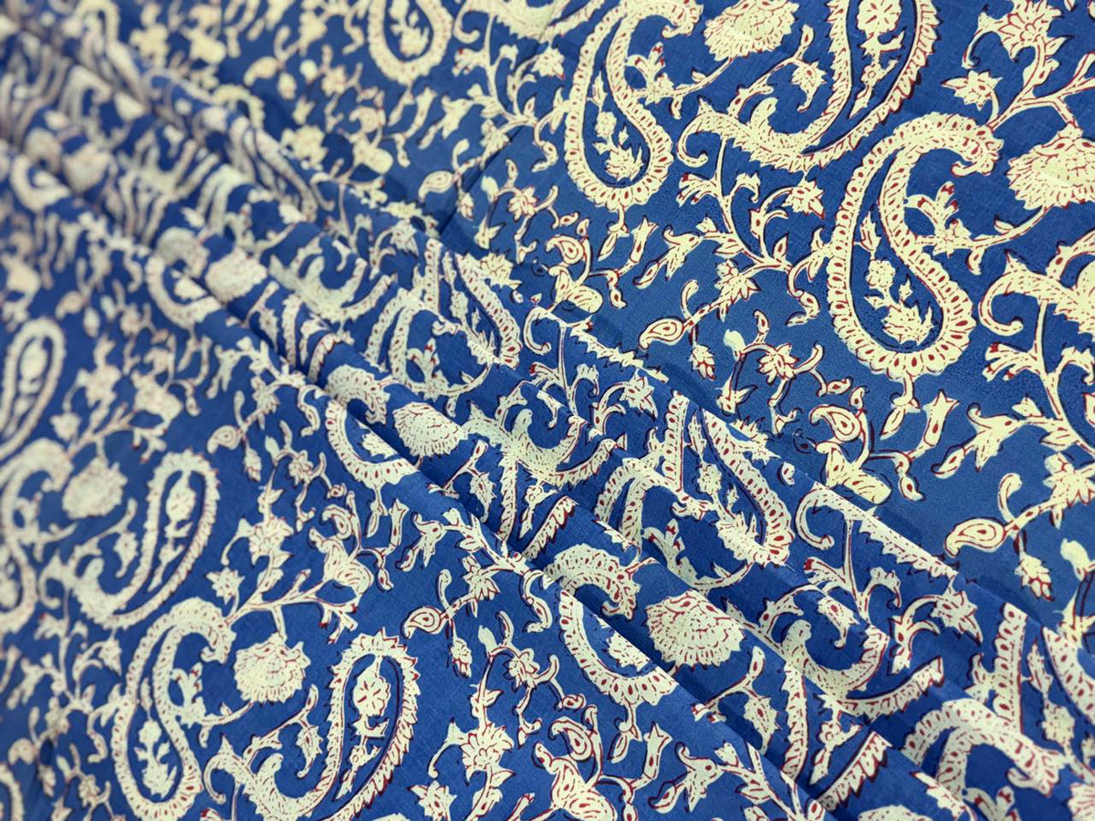 Hand Block Print Cotton Fabric: Blue and White Floral Indian Fabric