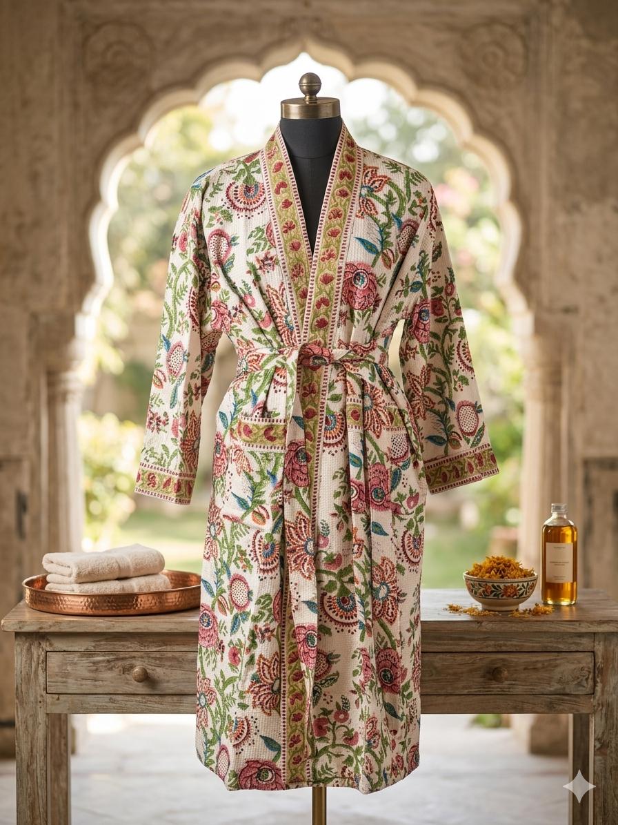 Organic Cotton Bathrobe, Hand Block Printed Floral Kimono Robe, Artisan Terry Cotton Loungewear, Sustainable Boho Spa Robe