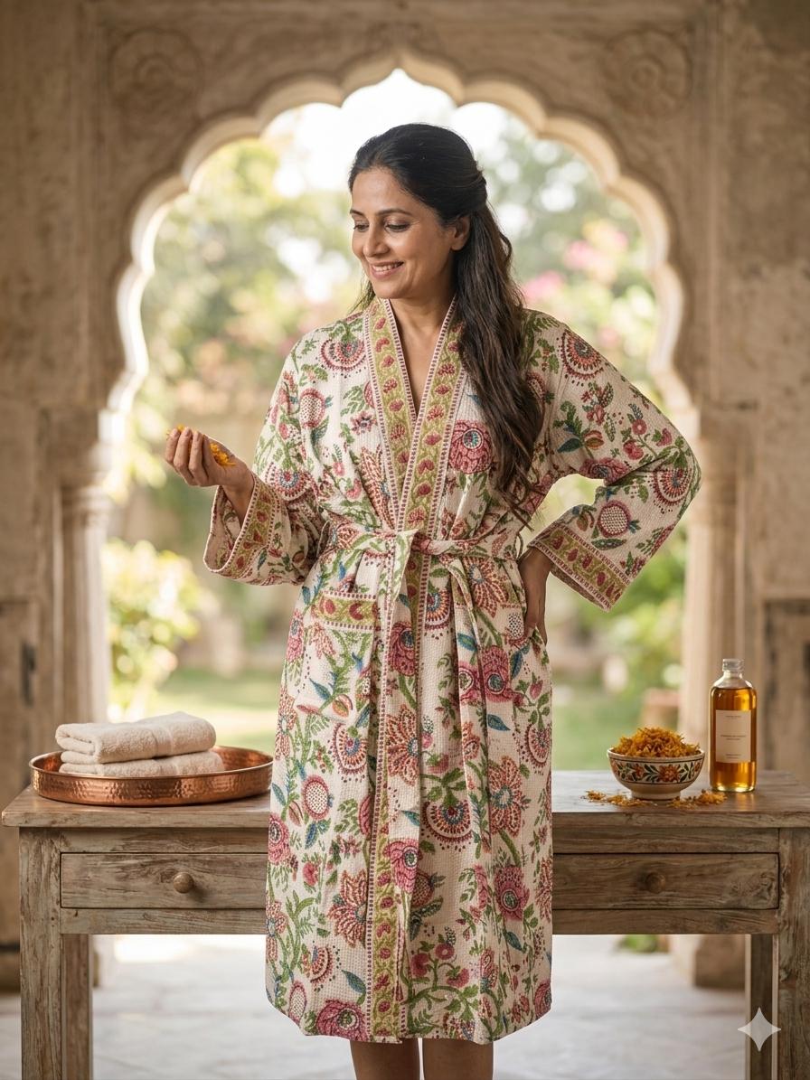 Organic Cotton Bathrobe, Hand Block Printed Floral Kimono Robe, Artisan Terry Cotton Loungewear, Sustainable Boho Spa Robe
