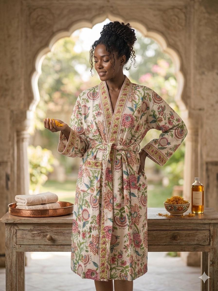 Organic Cotton Bathrobe, Hand Block Printed Floral Kimono Robe, Artisan Terry Cotton Loungewear, Sustainable Boho Spa Robe