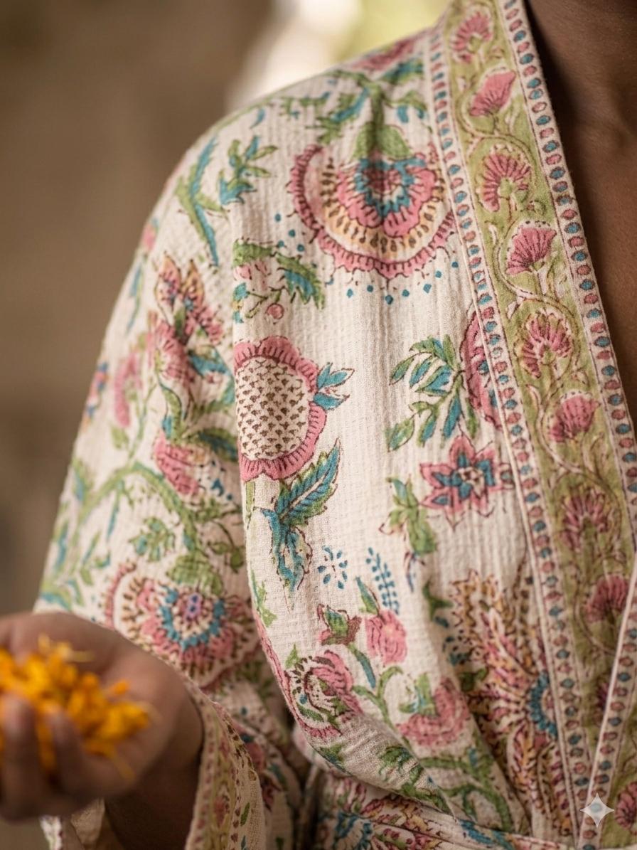 Organic Cotton Bathrobe, Hand Block Printed Floral Kimono Robe, Artisan Terry Cotton Loungewear, Sustainable Boho Spa Robe