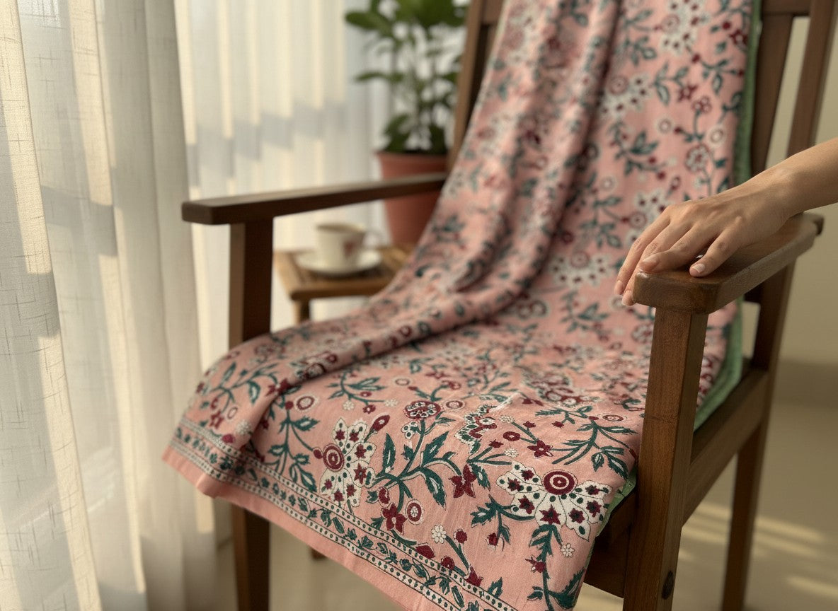Hand Block Print Cotton Fabric: Peach and Red Floral Indian Fabric