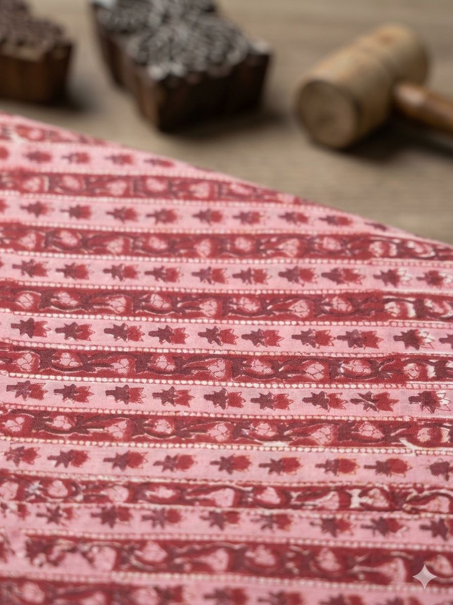 Hand Block Print Cotton Fabric: Red and Pink Floral Indian Fabric