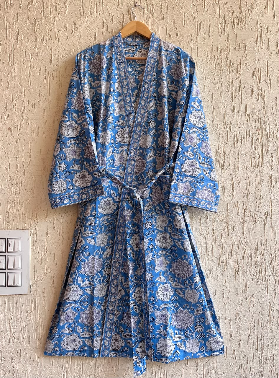 Organic Cotton Bathrobe, Hand Block Printed Floral Kimono Robe, Artisan Terry Cotton Loungewear, Sustainable Boho Spa Robe