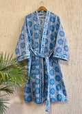 Organic Cotton Bathrobe, Hand Block Printed Floral Kimono Robe, Artisan Terry Cotton Loungewear, Sustainable Boho Spa Robe