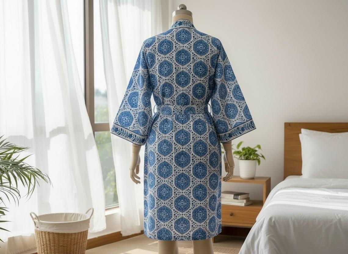 Organic Cotton Bathrobe, Hand Block Printed Floral Kimono Robe, Artisan Terry Cotton Loungewear, Sustainable Boho Spa Robe