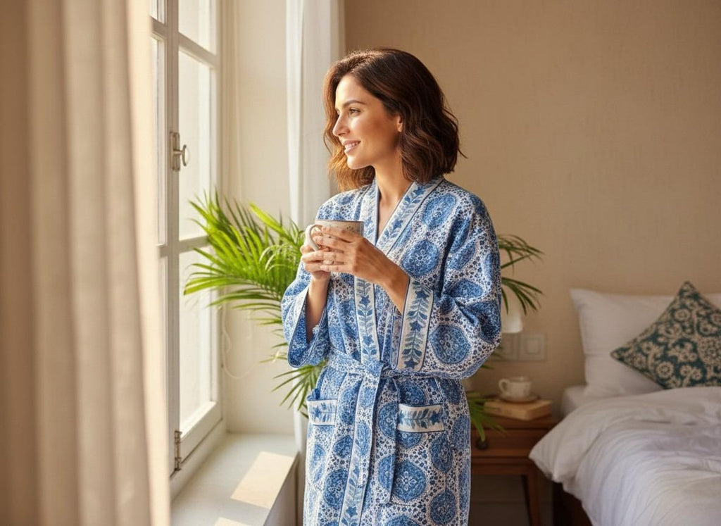 Organic Cotton Bathrobe, Hand Block Printed Floral Kimono Robe, Artisan Terry Cotton Loungewear, Sustainable Boho Spa Robe