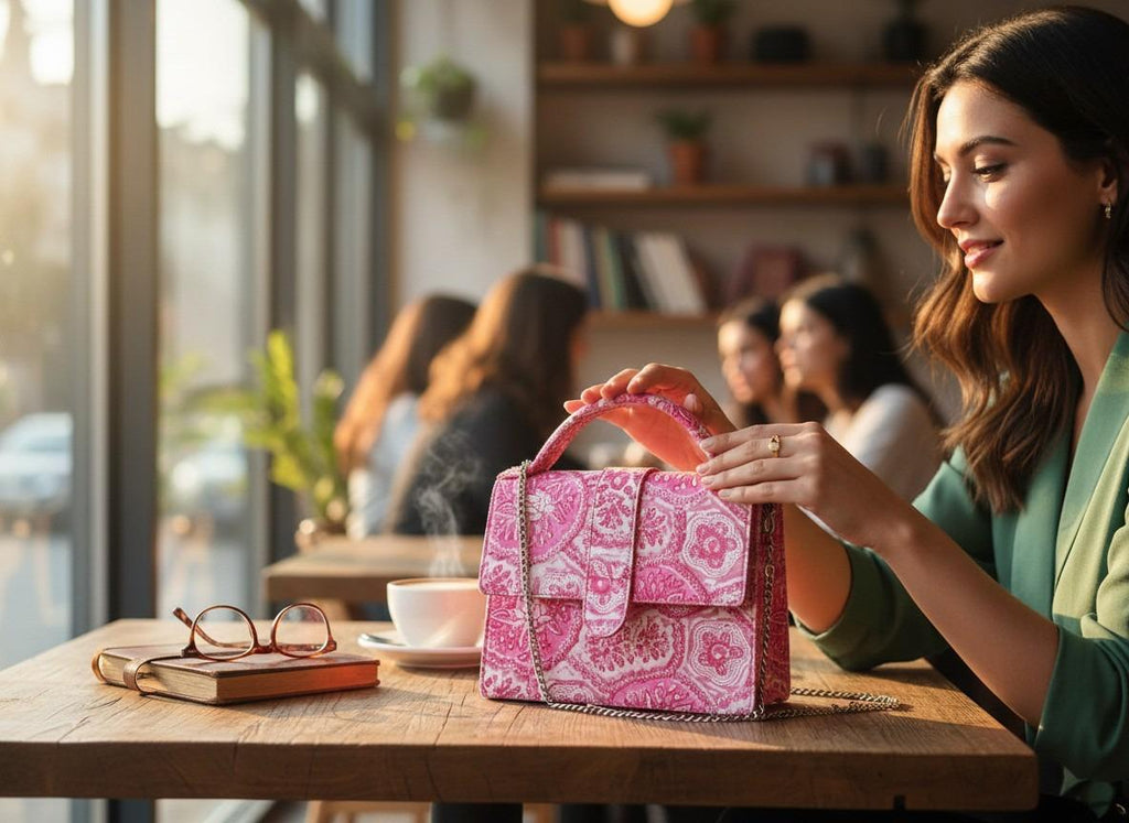 Luxury Hand-Block Print Sling Bag | Women’s Leather-Lined Crossbody l Pink and White Colour
