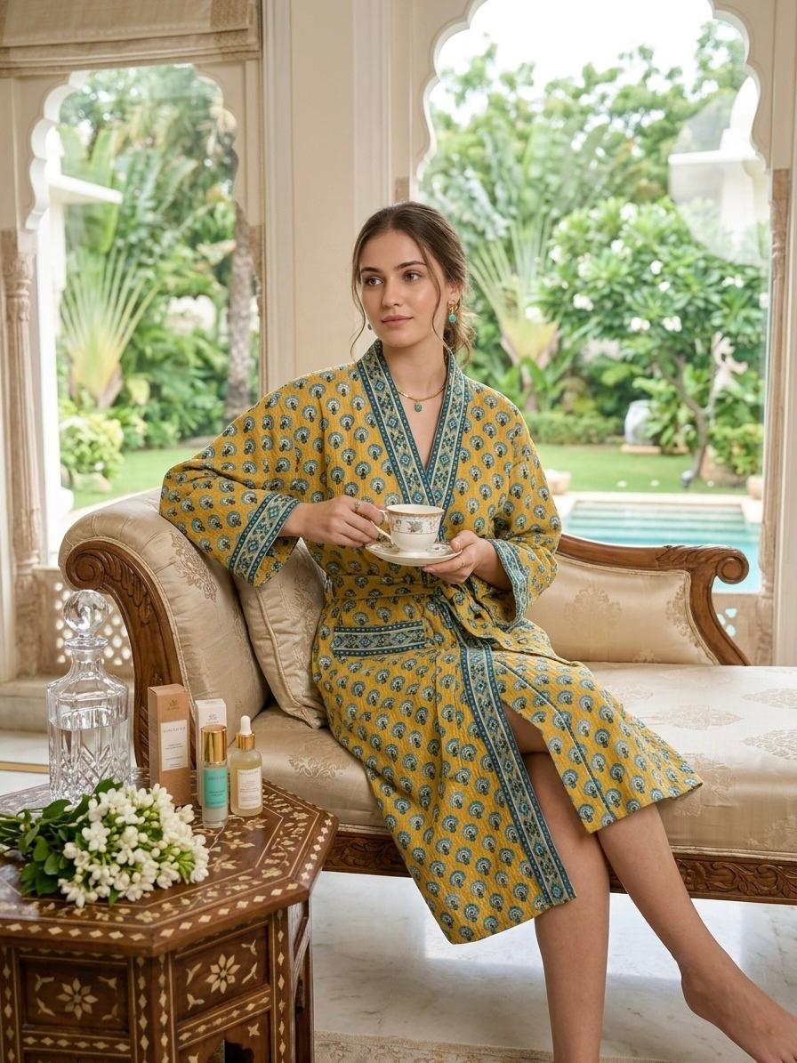 Hand Block Printed Terry Cotton Bathrobe
