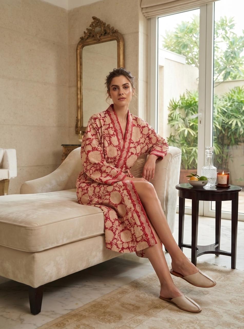 Hand Block Printed Terry Cotton Bathrobe