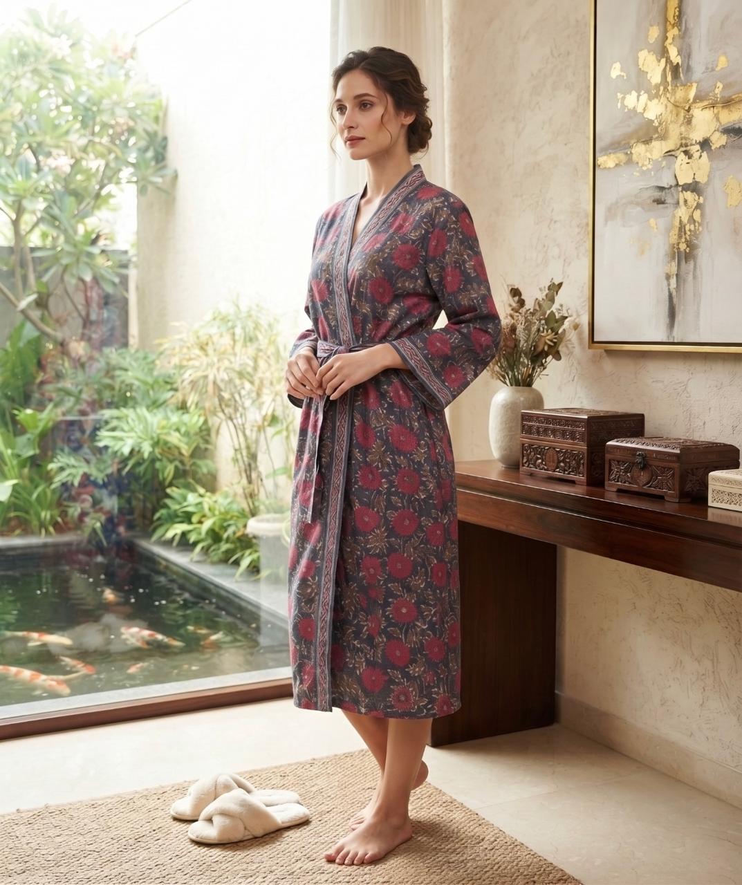 Hand Block Printed Terry Cotton Bathrobe