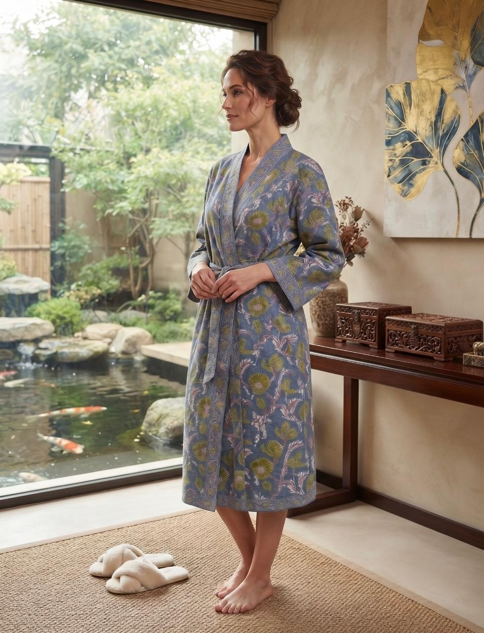 Hand Block Printed Terry Cotton Bathrobe