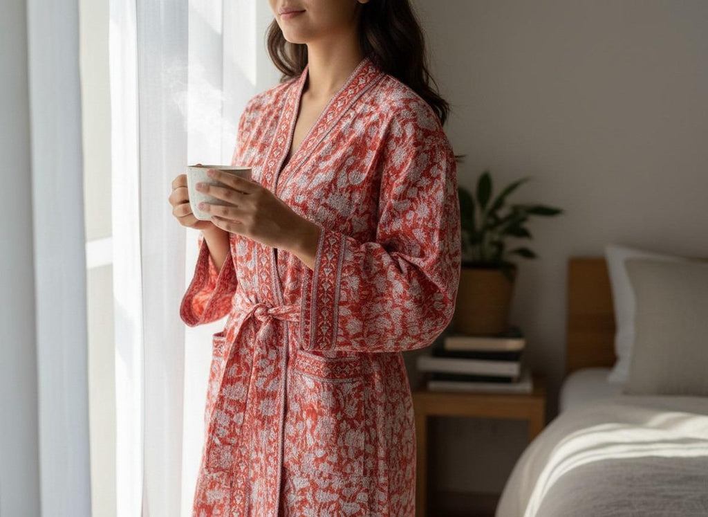 Organic Cotton Bathrobe, Hand Block Printed Floral Kimono Robe, Artisan Terry Cotton Loungewear, Sustainable Boho Spa Robe