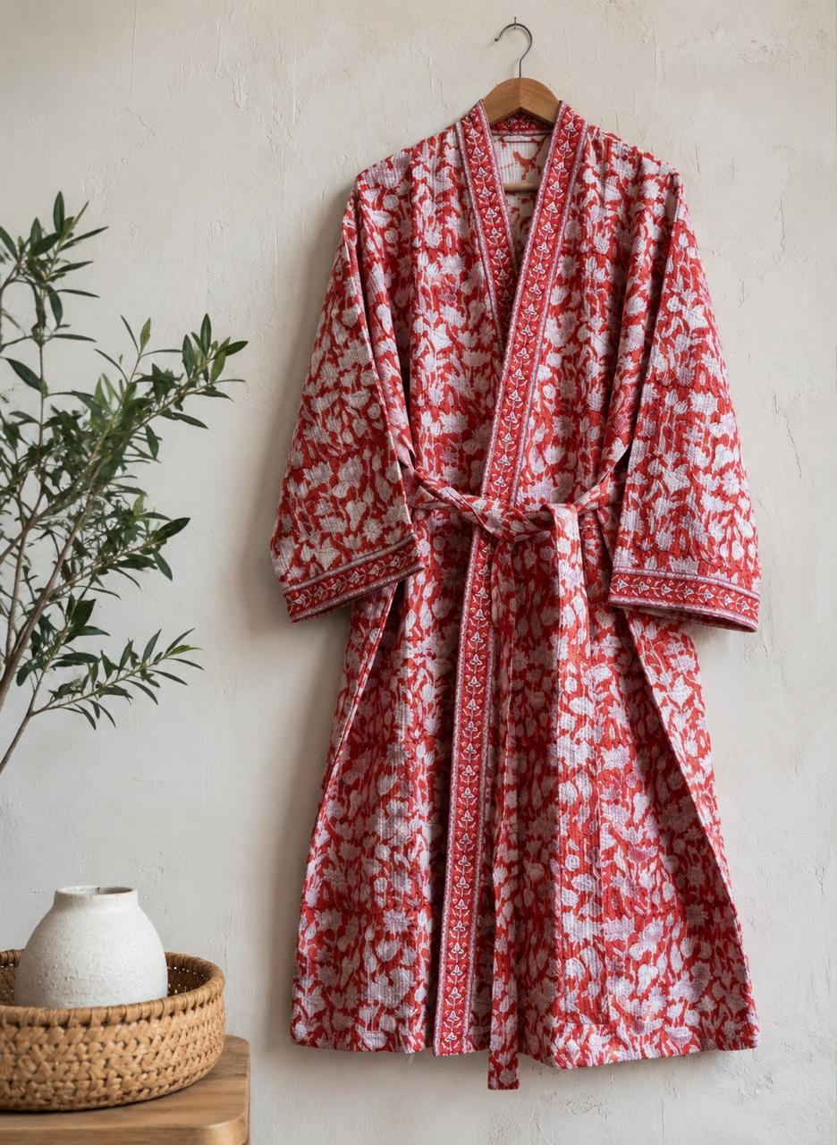 Organic Cotton Bathrobe, Hand Block Printed Floral Kimono Robe, Artisan Terry Cotton Loungewear, Sustainable Boho Spa Robe