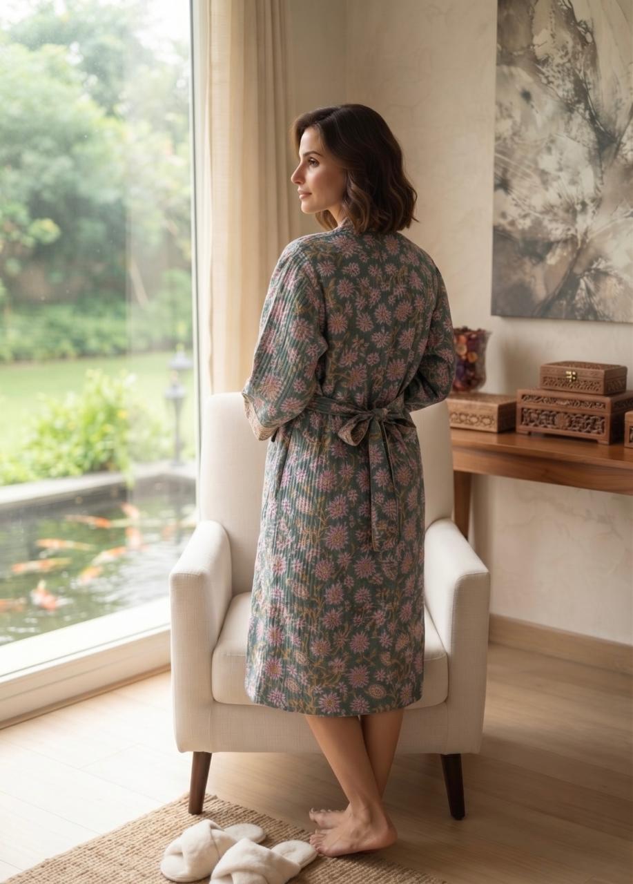 Hand Block Printed Terry Cotton Bathrobe
