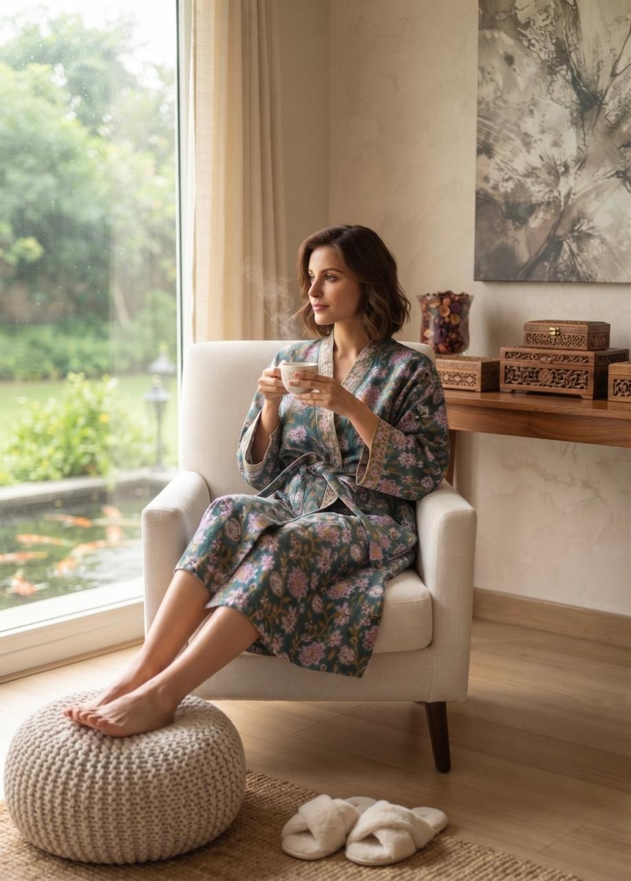 Hand Block Printed Terry Cotton Bathrobe