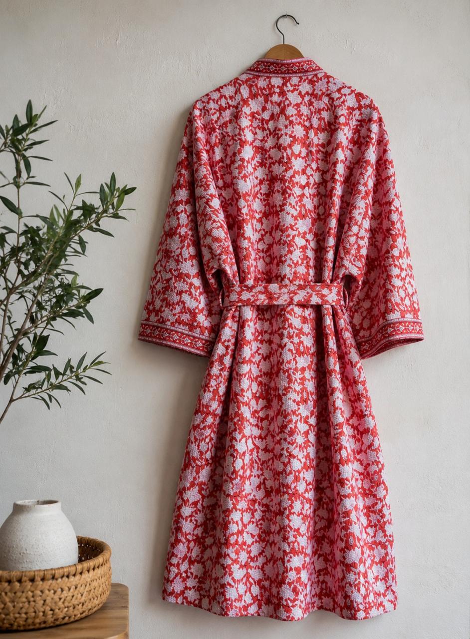 Organic Cotton Bathrobe, Hand Block Printed Floral Kimono Robe, Artisan Terry Cotton Loungewear, Sustainable Boho Spa Robe