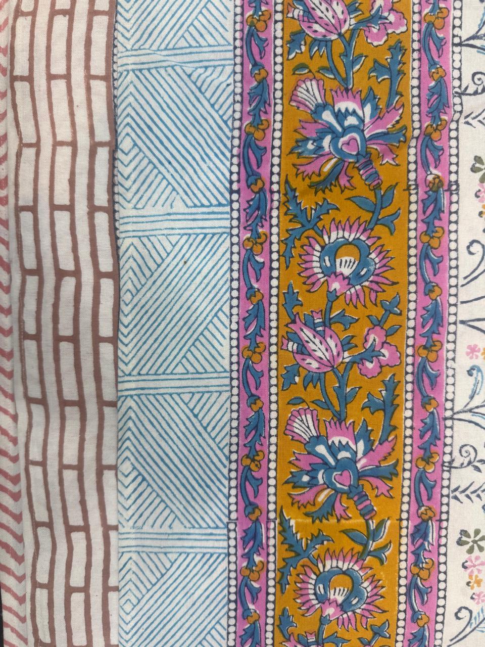 Hand Block Printed Blue & Pink Table Linen Set – Table Cover, Runner, Placemats & Napkins