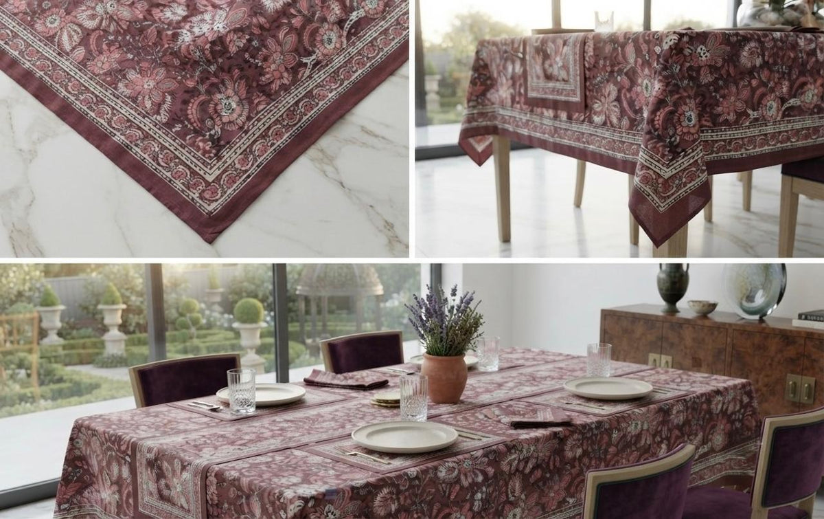 Hand Block Printed Red Table Linen Set – Table Cover, Runner, Placemats & Napkins | Tablecloth