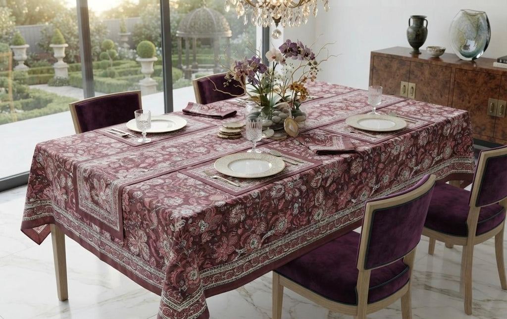 Hand Block Printed Red Table Linen Set – Table Cover, Runner, Placemats & Napkins | Tablecloth