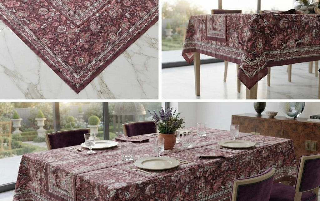 Hand Block Printed Red Table Linen Set – Table Cover, Runner, Placemats & Napkins | Tablecloth