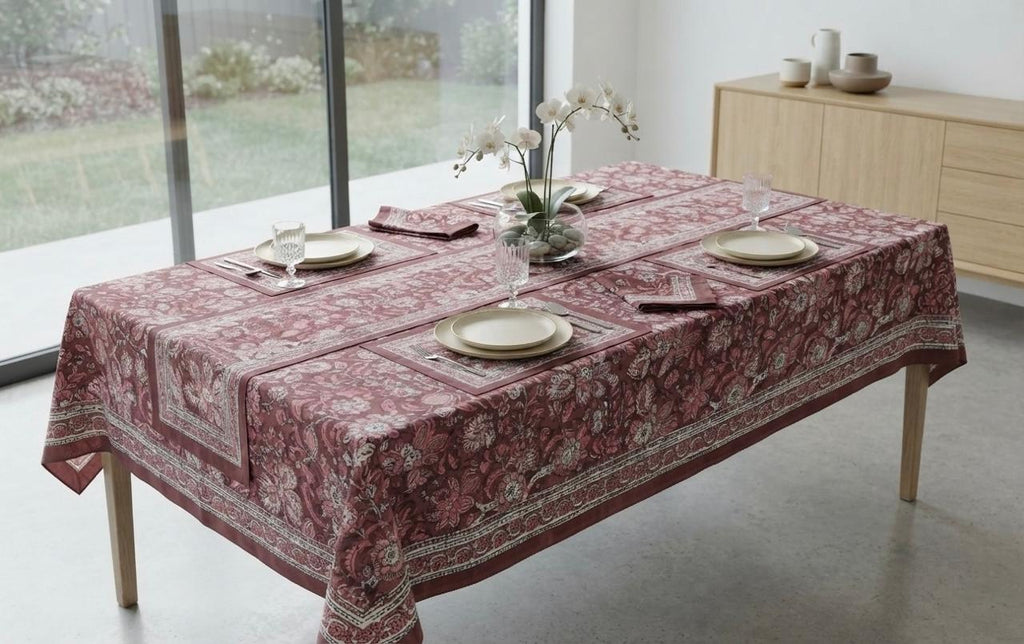 Hand Block Printed Red Table Linen Set – Table Cover, Runner, Placemats & Napkins | Tablecloth