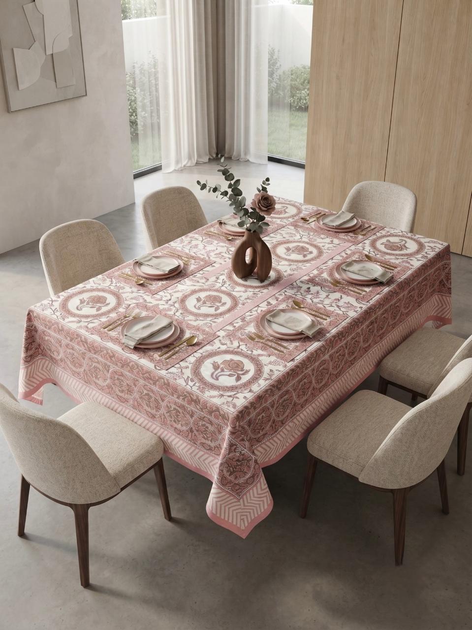 Hand Block Printed Pink Table Linen Set – Table Cover, Runner, Placemats & Napkins | Tablecloth