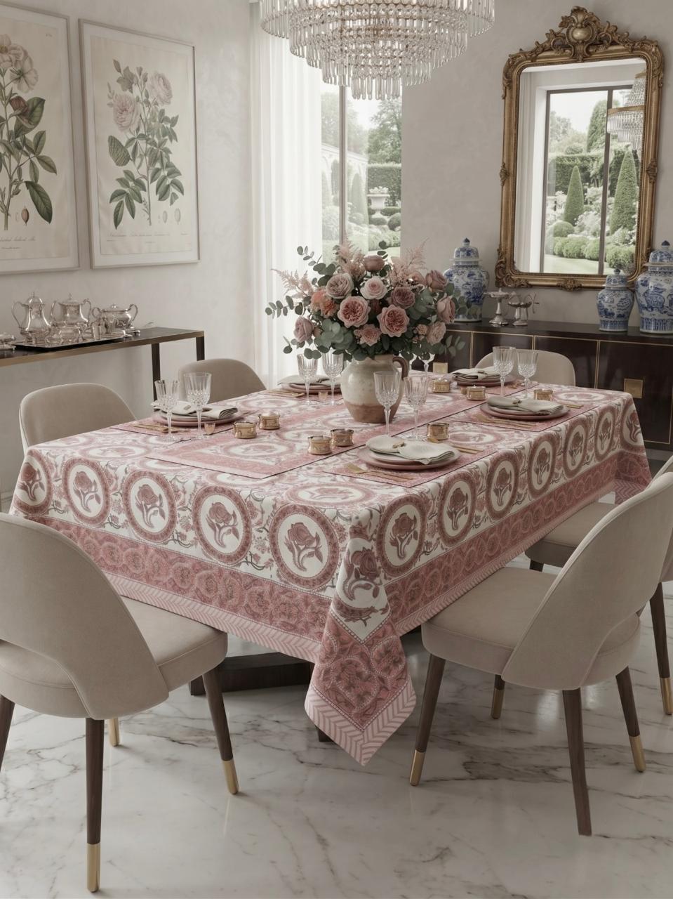 Hand Block Printed Pink Table Linen Set – Table Cover, Runner, Placemats & Napkins | Tablecloth