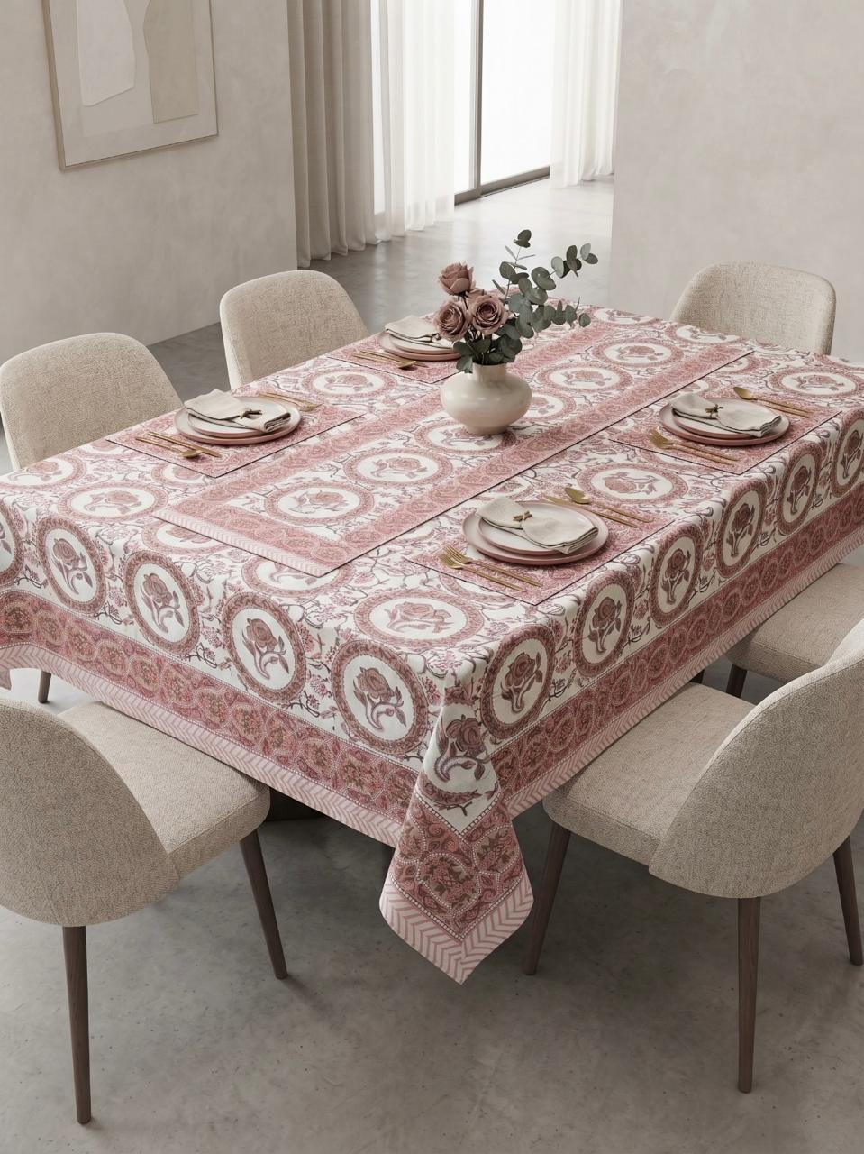 Hand Block Printed Pink Table Linen Set – Table Cover, Runner, Placemats & Napkins | Tablecloth