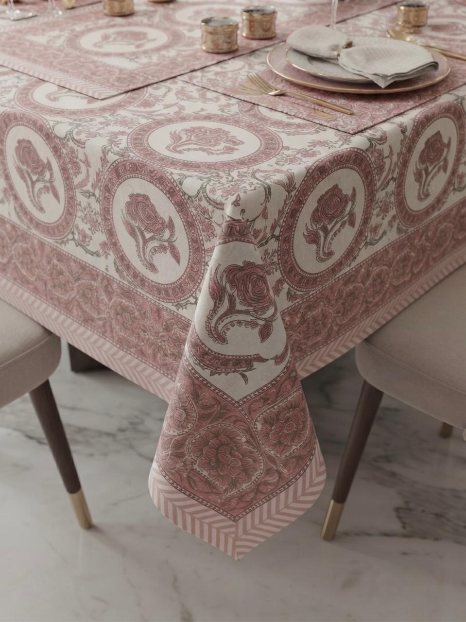 Hand Block Printed Pink Table Linen Set – Table Cover, Runner, Placemats & Napkins | Tablecloth