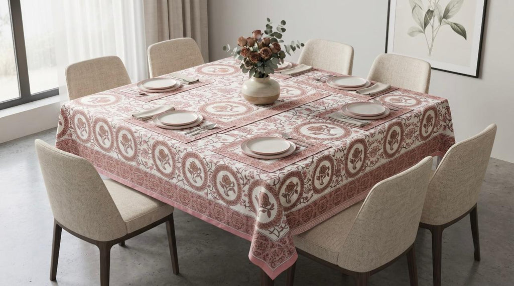 Hand Block Printed Pink Table Linen Set – Table Cover, Runner, Placemats & Napkins | Tablecloth