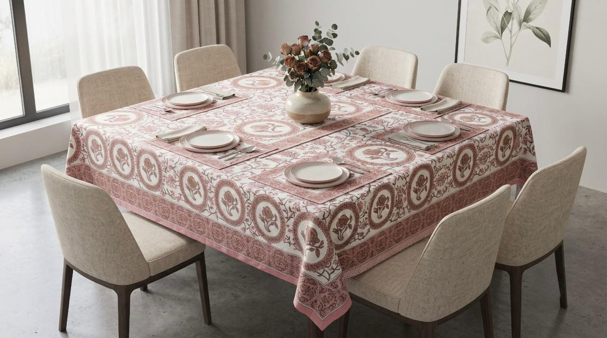 Hand Block Printed Pink Table Linen Set – Table Cover, Runner, Placemats & Napkins | Tablecloth