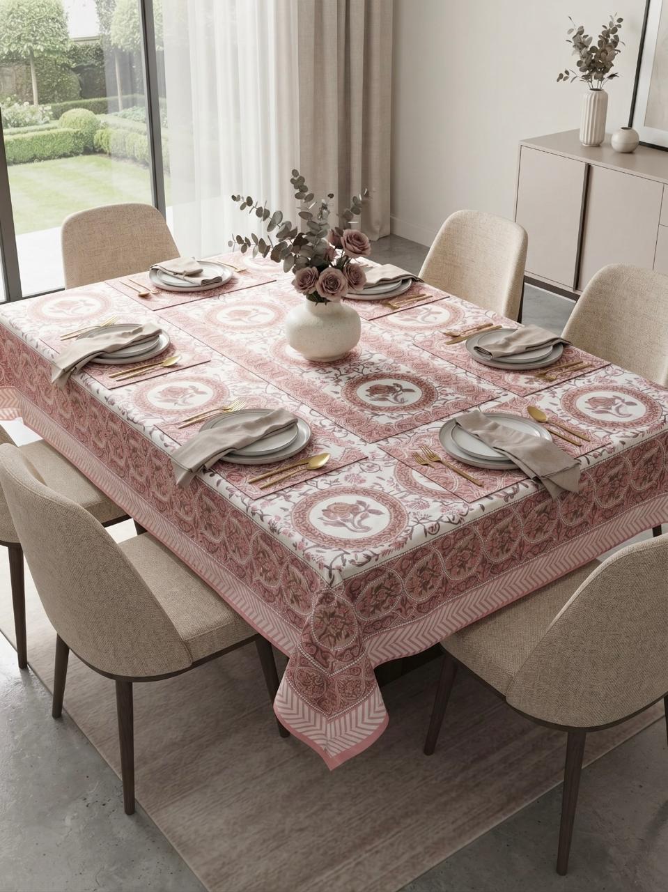 Hand Block Printed Pink Table Linen Set – Table Cover, Runner, Placemats & Napkins | Tablecloth