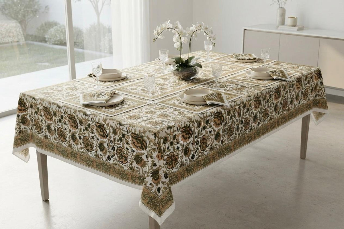 Hand Block Printed Brown & Green Table Linen Set – Table Cover, Runner, Placemats & Napkins | Tablecloth