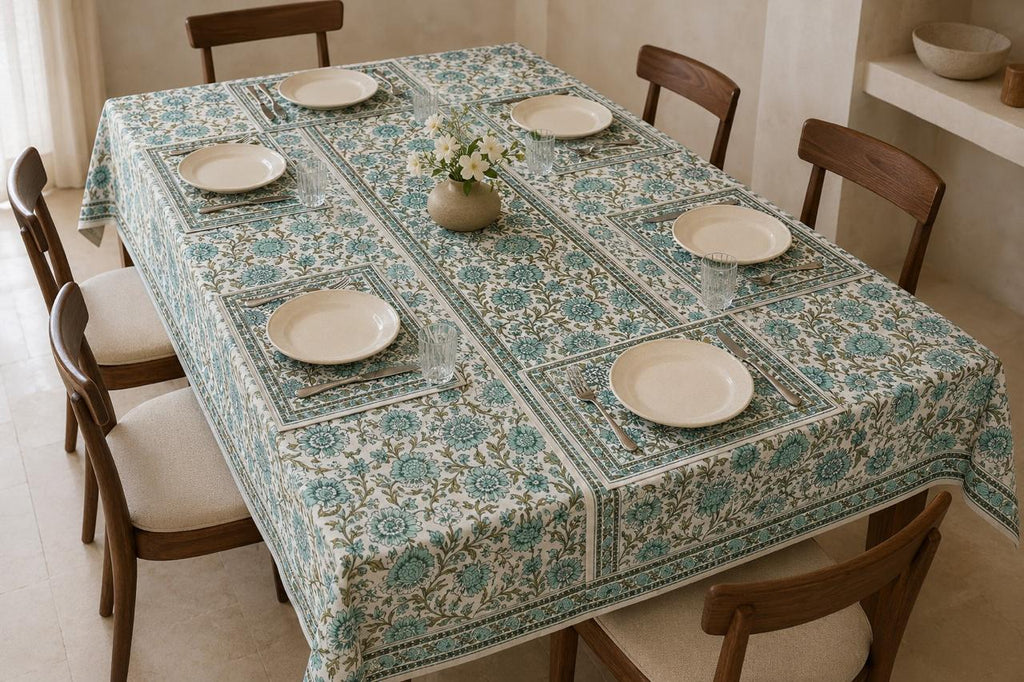 Hand Block Printed Blue & Green Table Linen Set – Table Cover, Runner, Placemats & Napkins | Tablecloth