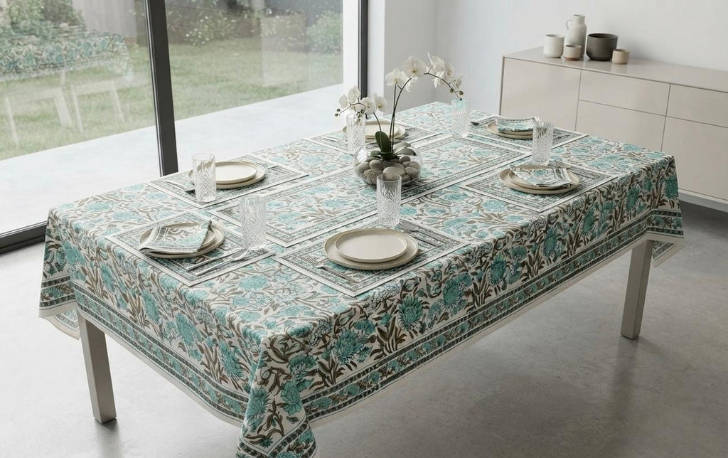 Hand Block Printed Blue & Green Table Linen Set – Table Cover, Runner, Placemats & Napkins | Tablecloth