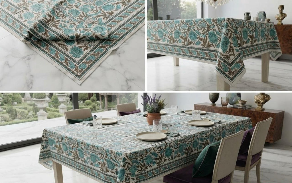 Hand Block Printed Blue & Green Table Linen Set – Table Cover, Runner, Placemats & Napkins | Tablecloth