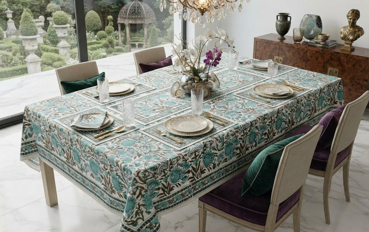 Hand Block Printed Blue & Green Table Linen Set – Table Cover, Runner, Placemats & Napkins | Tablecloth