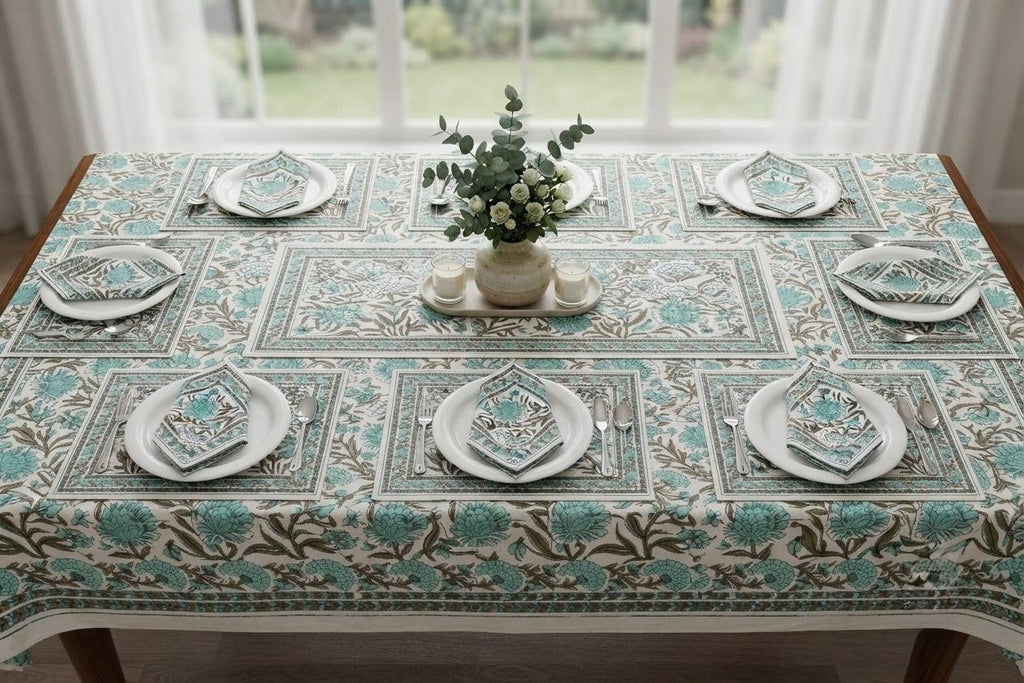 Hand Block Printed Blue & Green Table Linen Set – Table Cover, Runner, Placemats & Napkins | Tablecloth