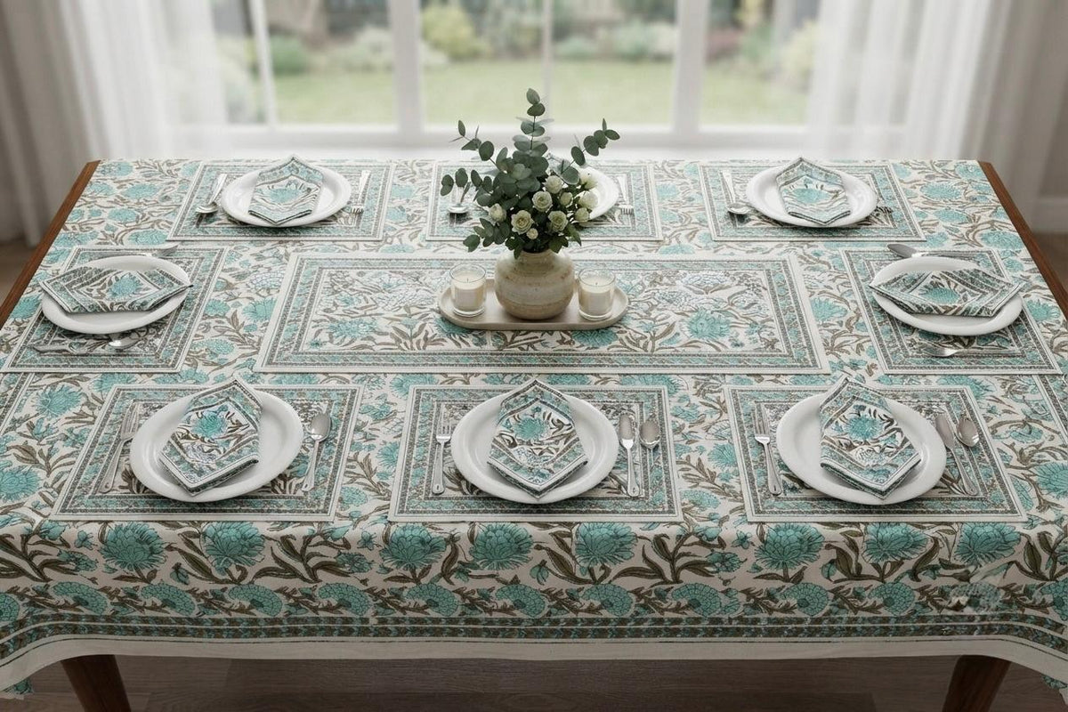 Hand Block Printed Blue & Green Table Linen Set – Table Cover, Runner, Placemats & Napkins | Tablecloth