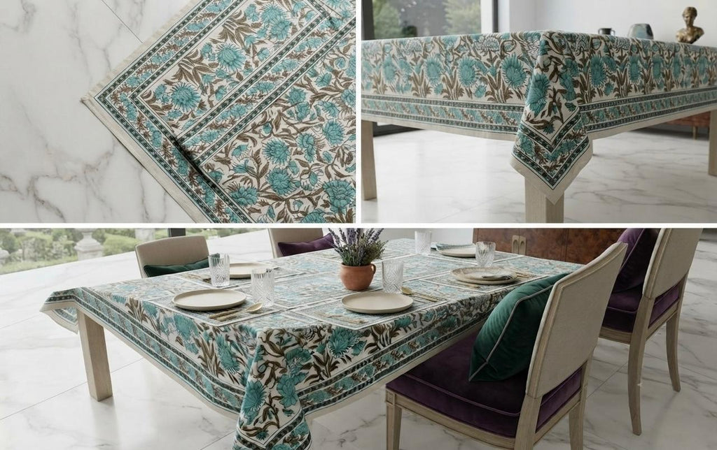 Hand Block Printed Blue & Green Table Linen Set – Table Cover, Runner, Placemats & Napkins | Tablecloth
