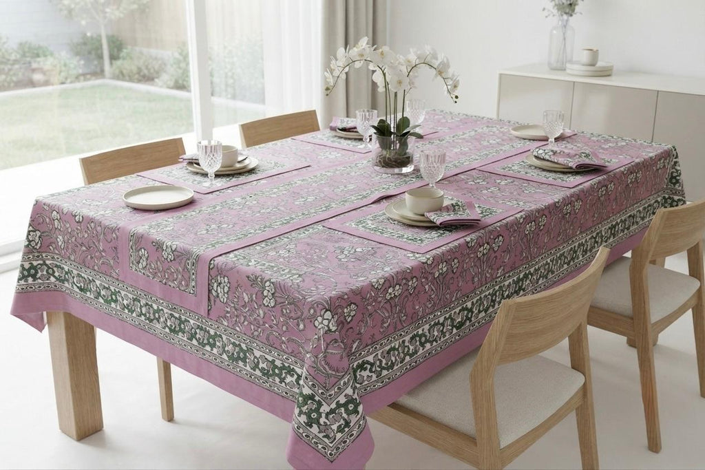 Hand Block Printed Pink & Green Table Linen Set – Table Cover, Runner, Placemats & Napkins | Tablecloth