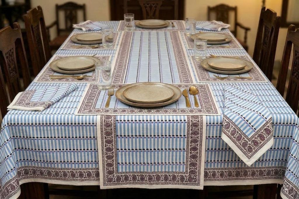 Hand Block Printed Blue & White Table Linen Set – Table Cover, Runner, Placemats & Napkins | Tablecloth