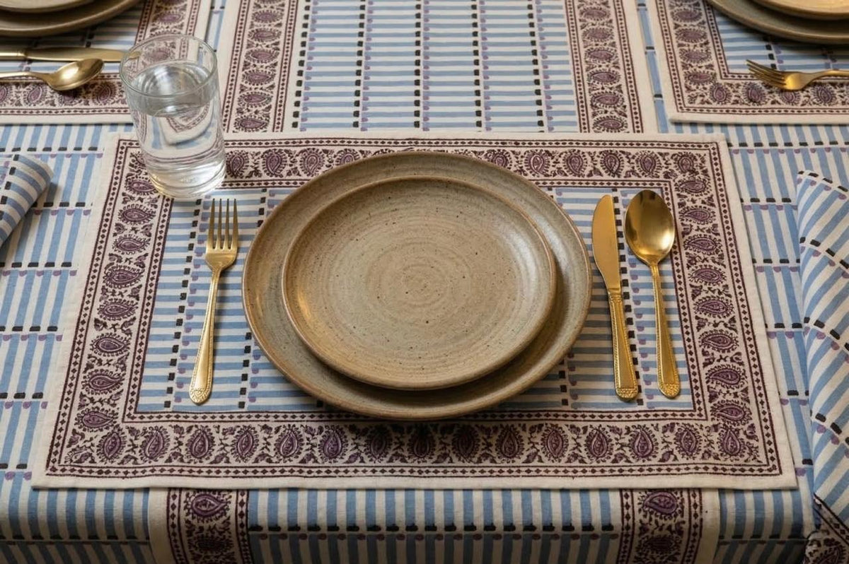 Hand Block Printed Blue & White Table Linen Set – Table Cover, Runner, Placemats & Napkins | Tablecloth