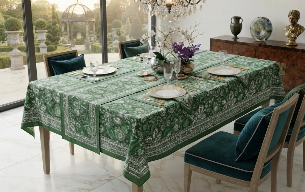 Hand Block Printed Green & White Table Linen Set – Table Cover, Runner, Placemats & Napkins | Tablecloth (Copy)