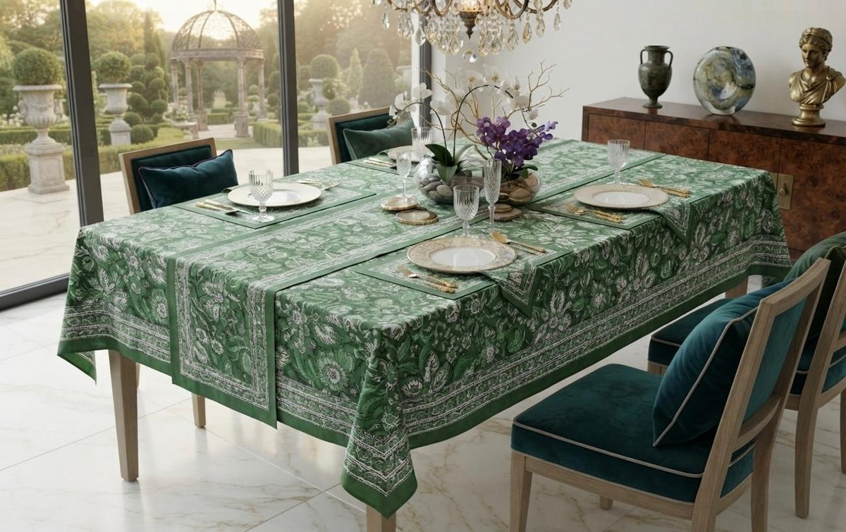Hand Block Printed Green & White Table Linen Set – Table Cover, Runner, Placemats & Napkins | Tablecloth (Copy)